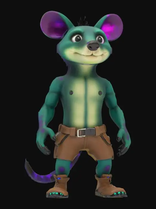3D model for Object: Teenage Quokka character with mutant features and quantum-themed accessories.
Material: Semi-metallic with quantum circuitry patterns, leather-like fabric for clothing.
Shape/Form: Anthropomorphic, muscular build with exaggerated teenage proportions (larger hands and feet, slightly hunched).
Color Scheme: Dark green base, neon blue and purple accents for quantum circuitry, brown for clothing.
Texture Details: Smooth metallic surfaces with glowing circuit patterns, rugged leather textures, matte skin with slight fur detailing.
Style: Cartoon, slightly exaggerated proportions, influenced by 90s action cartoons.
Environment/Use Context: Standing in a futuristic alley with neon signs. Reference Models: Inspired by Teenage Mutant Ninja Turtles and cyberpunk anime styles.