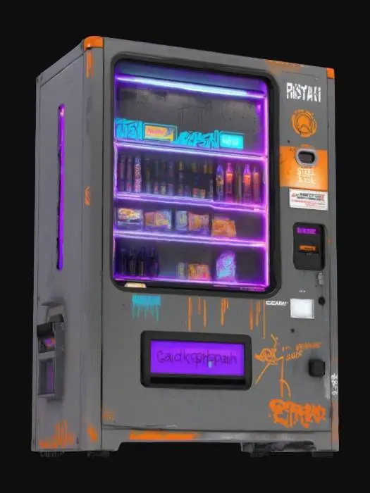 3D model for Object: A cyberpunk vending machine
Material: Steel casing with reinforced glass panels
Shape/Form: Rectangular with protruding compartments and a holographic display
Color Scheme: Dark gray base with neon purple and orange accents
Texture Details: Grimy metal surface with flickering LED screens and graffiti decals
Style: Realistic with gritty, dystopian cyberpunk aesthetics
Environment/Use Context: Positioned in a rain-soaked alleyway under a flickering streetlight
Reference Models: Inspired by the vending machines in Cyberpunk 2077 and Blade Runner