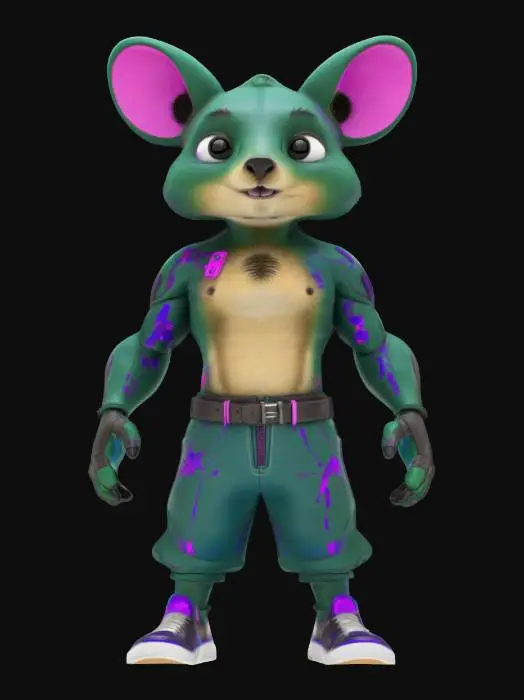 3D model for Object: Teenage Quokka character with mutant features and quantum-themed accessories.
Material: Semi-metallic with quantum circuitry patterns, leather-like fabric for clothing.
Shape/Form: Anthropomorphic, muscular build with exaggerated teenage proportions (larger hands and feet, slightly hunched).
Color Scheme: Dark green base, neon blue and purple accents for quantum circuitry, brown for clothing.
Texture Details: Smooth metallic surfaces with glowing circuit patterns, rugged leather textures, matte skin with slight fur detailing.
Style: Cartoon, slightly exaggerated proportions, influenced by 90s action cartoons.
Environment/Use Context: Standing in a futuristic alley with neon signs. Reference Models: Inspired by Teenage Mutant Ninja Turtles and cyberpunk anime styles.