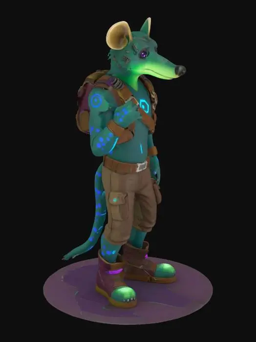 3D model for Object: Teenage Quokka character with mutant features and quantum-themed accessories.
Material: Semi-metallic with quantum circuitry patterns, leather-like fabric for clothing.
Shape/Form: Anthropomorphic, muscular build with exaggerated teenage proportions (larger hands and feet, slightly hunched).
Color Scheme: Dark green base, neon blue and purple accents for quantum circuitry, brown for clothing.
Texture Details: Smooth metallic surfaces with glowing circuit patterns, rugged leather textures, matte skin with slight fur detailing.
Style: Cartoon, slightly exaggerated proportions, influenced by 90s action cartoons.
Environment/Use Context: Standing in a futuristic alley with neon signs. Reference Models: Inspired by Teenage Mutant Ninja Turtles and cyberpunk anime styles.