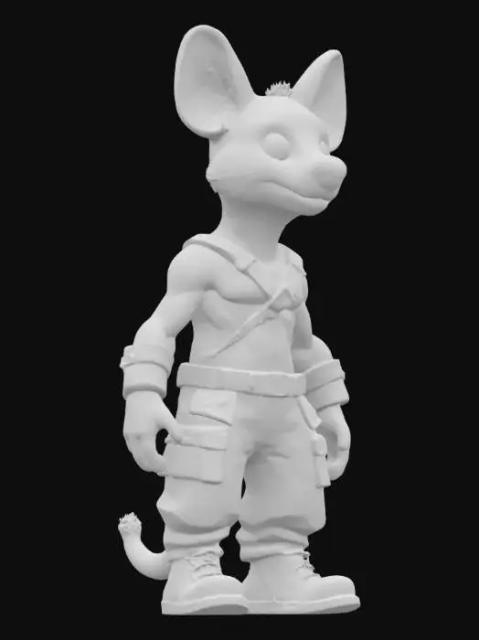 3D model for Object: Teenage Quokka character with mutant features and quantum-themed accessories.
Material: Semi-metallic with quantum circuitry patterns, leather-like fabric for clothing.
Shape/Form: Anthropomorphic, muscular build with exaggerated teenage proportions (larger hands and feet, slightly hunched).
Color Scheme: Dark green base, neon blue and purple accents for quantum circuitry, brown for clothing.
Texture Details: Smooth metallic surfaces with glowing circuit patterns, rugged leather textures, matte skin with slight fur detailing.
Style: Cartoon, slightly exaggerated proportions, influenced by 90s action cartoons.
Environment/Use Context: Standing in a futuristic alley with neon signs. Reference Models: Inspired by Teenage Mutant Ninja Turtles and cyberpunk anime styles.