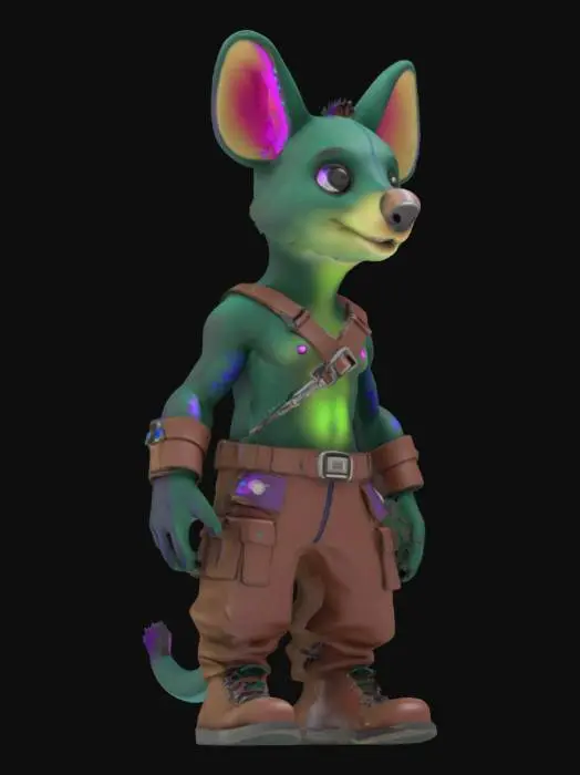 3D model for Object: Teenage Quokka character with mutant features and quantum-themed accessories.
Material: Semi-metallic with quantum circuitry patterns, leather-like fabric for clothing.
Shape/Form: Anthropomorphic, muscular build with exaggerated teenage proportions (larger hands and feet, slightly hunched).
Color Scheme: Dark green base, neon blue and purple accents for quantum circuitry, brown for clothing.
Texture Details: Smooth metallic surfaces with glowing circuit patterns, rugged leather textures, matte skin with slight fur detailing.
Style: Cartoon, slightly exaggerated proportions, influenced by 90s action cartoons.
Environment/Use Context: Standing in a futuristic alley with neon signs. Reference Models: Inspired by Teenage Mutant Ninja Turtles and cyberpunk anime styles.