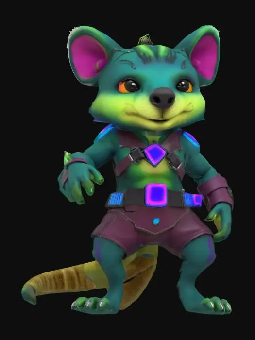 3D model for Object: Teenage Quokka character with mutant features and quantum-themed accessories.
Material: Semi-metallic with quantum circuitry patterns, leather-like fabric for clothing.
Shape/Form: Anthropomorphic, muscular build with exaggerated teenage proportions (larger hands and feet, slightly hunched).
Color Scheme: Dark green base, neon blue and purple accents for quantum circuitry, brown for clothing.
Texture Details: Smooth metallic surfaces with glowing circuit patterns, rugged leather textures, matte skin with slight fur detailing.
Style: Cartoon, slightly exaggerated proportions, influenced by 90s action cartoons.
Environment/Use Context: Standing in a futuristic alley with neon signs. Reference Models: Inspired by Teenage Mutant Ninja Turtles and cyberpunk anime styles.