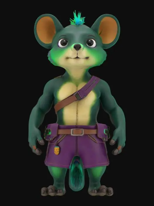 3D model for Object: Teenage Quokka character with mutant features and quantum-themed accessories.
Material: Semi-metallic with quantum circuitry patterns, leather-like fabric for clothing.
Shape/Form: Anthropomorphic, muscular build with exaggerated teenage proportions (larger hands and feet, slightly hunched).
Color Scheme: Dark green base, neon blue and purple accents for quantum circuitry, brown for clothing.
Texture Details: Smooth metallic surfaces with glowing circuit patterns, rugged leather textures, matte skin with slight fur detailing.
Style: Cartoon, slightly exaggerated proportions, influenced by 90s action cartoons.
Environment/Use Context: Standing in a futuristic alley with neon signs. Reference Models: Inspired by Teenage Mutant Ninja Turtles and cyberpunk anime styles.