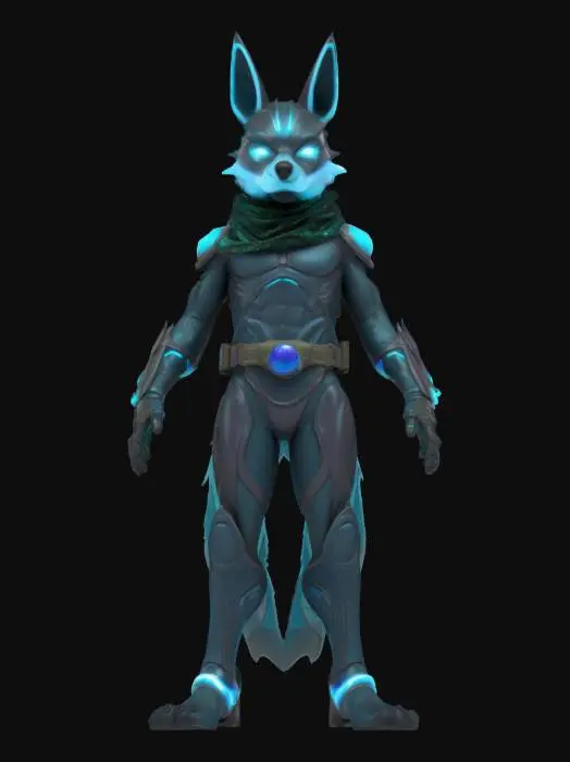 3D model for Object: Teenage Mutant Cosmic Coyote – a space-traveling trickster with gravity-bending abilities.
Material: Sleek, reflective armor with starry cosmic patterns, soft mesh underlayer for agility, glowing energy orbs embedded in gloves.
Shape/Form: Lithe, athletic build with elongated limbs and a crescent-shaped tail, floating cosmic scarf.
Color Scheme: Midnight blue and black base with silver star patterns, purple and teal glowing accents.
Texture Details: Smooth, metallic surfaces with subtle nebula patterns, shimmering mesh underlayer, translucent energy orbs.
Style: Celestial cyberpunk with a mystical, space-ninja vibe.

Reference Models: Inspired by Marvel’s Silver Surfer, Destiny 2's Hunters, and celestial-themed anime designs.
