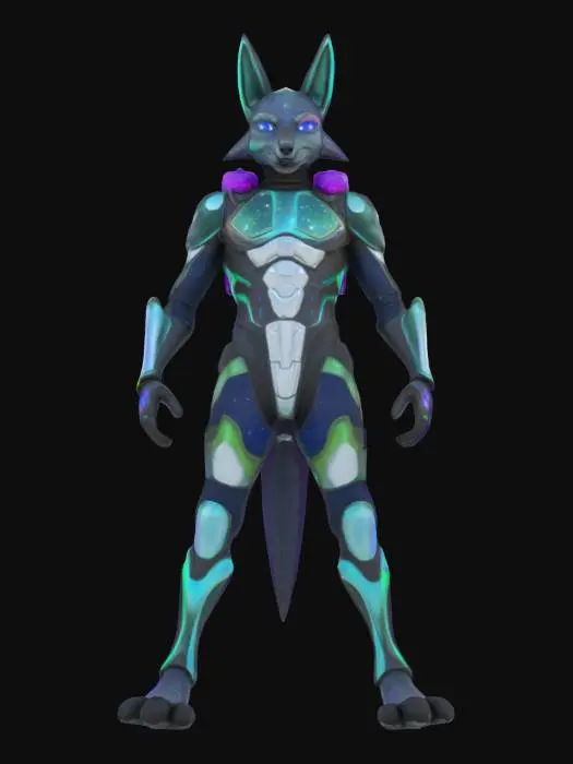 3D model for Object: Teenage Mutant Cosmic Coyote – a space-traveling trickster with gravity-bending abilities.
Material: Sleek, reflective armor with starry cosmic patterns, soft mesh underlayer for agility, glowing energy orbs embedded in gloves.
Shape/Form: Lithe, athletic build with elongated limbs and a crescent-shaped tail, floating cosmic scarf.
Color Scheme: Midnight blue and black base with silver star patterns, purple and teal glowing accents.
Texture Details: Smooth, metallic surfaces with subtle nebula patterns, shimmering mesh underlayer, translucent energy orbs.
Style: Celestial cyberpunk with a mystical, space-ninja vibe.

Reference Models: Inspired by Marvel’s Silver Surfer, Destiny 2's Hunters, and celestial-themed anime designs.