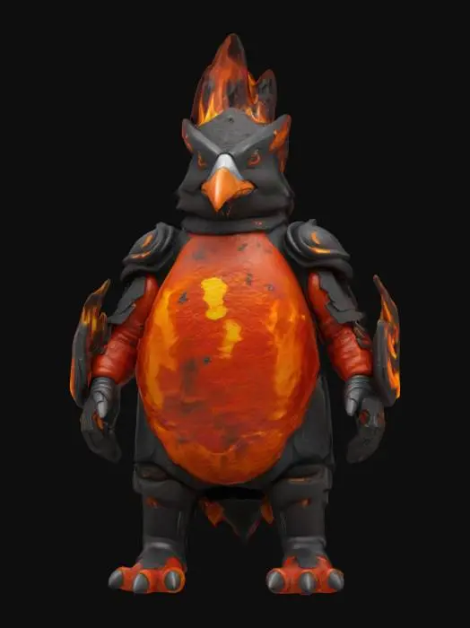 3D model for Object: Teenage Mutant Pyro Penguin – a fiery, flame-wielding penguin with volcanic armor.
Material: Volcanic rock armor with magma veins, flame-resistant fabric underlayer, molten metal gauntlets.
Shape/Form: Compact, broad-shouldered build with thick arms, stubby legs, and a helmet shaped like a volcanic peak.
Color Scheme: Charcoal black base, vibrant orange and yellow magma veins, dark gray armor plates.
Texture Details: Rough, cracked volcanic rock surfaces with glowing lava fissures, smooth molten metal gauntlets, singed fabric.
Style: Apocalyptic fire-themed warrior with a mix of cartoonish and menacing features.

Reference Models: Inspired by Mad Max, volcanic creatures, and cartoon villain archetypes.