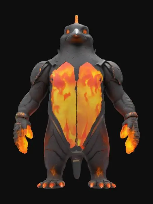 3D model for Object: Teenage Mutant Pyro Penguin – a fiery, flame-wielding penguin with volcanic armor.
Material: Volcanic rock armor with magma veins, flame-resistant fabric underlayer, molten metal gauntlets.
Shape/Form: Compact, broad-shouldered build with thick arms, stubby legs, and a helmet shaped like a volcanic peak.
Color Scheme: Charcoal black base, vibrant orange and yellow magma veins, dark gray armor plates.
Texture Details: Rough, cracked volcanic rock surfaces with glowing lava fissures, smooth molten metal gauntlets, singed fabric.
Style: Apocalyptic fire-themed warrior with a mix of cartoonish and menacing features.

Reference Models: Inspired by Mad Max, volcanic creatures, and cartoon villain archetypes.
