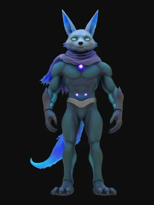 3D model for Object: Teenage Mutant Cosmic Coyote – a space-traveling trickster with gravity-bending abilities.
Material: Sleek, reflective armor with starry cosmic patterns, soft mesh underlayer for agility, glowing energy orbs embedded in gloves.
Shape/Form: Lithe, athletic build with elongated limbs and a crescent-shaped tail, floating cosmic scarf.
Color Scheme: Midnight blue and black base with silver star patterns, purple and teal glowing accents.
Texture Details: Smooth, metallic surfaces with subtle nebula patterns, shimmering mesh underlayer, translucent energy orbs.
Style: Celestial cyberpunk with a mystical, space-ninja vibe.

Reference Models: Inspired by Marvel’s Silver Surfer, Destiny 2's Hunters, and celestial-themed anime designs.