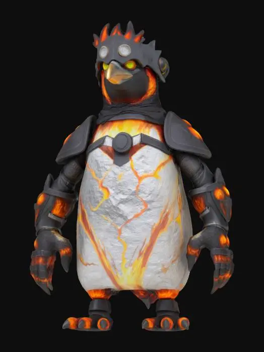 3D model for Object: Teenage Mutant Pyro Penguin – a fiery, flame-wielding penguin with volcanic armor.
Material: Volcanic rock armor with magma veins, flame-resistant fabric underlayer, molten metal gauntlets.
Shape/Form: Compact, broad-shouldered build with thick arms, stubby legs, and a helmet shaped like a volcanic peak.
Color Scheme: Charcoal black base, vibrant orange and yellow magma veins, dark gray armor plates.
Texture Details: Rough, cracked volcanic rock surfaces with glowing lava fissures, smooth molten metal gauntlets, singed fabric.
Style: Apocalyptic fire-themed warrior with a mix of cartoonish and menacing features.

Reference Models: Inspired by Mad Max, volcanic creatures, and cartoon villain archetypes.
