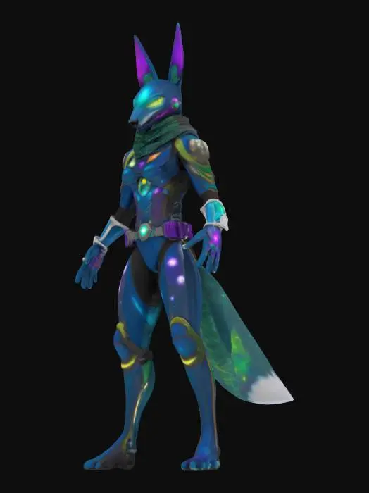 3D model for Object: Teenage Mutant Cosmic Coyote – a space-traveling trickster with gravity-bending abilities.
Material: Sleek, reflective armor with starry cosmic patterns, soft mesh underlayer for agility, glowing energy orbs embedded in gloves.
Shape/Form: Lithe, athletic build with elongated limbs and a crescent-shaped tail, floating cosmic scarf.
Color Scheme: Midnight blue and black base with silver star patterns, purple and teal glowing accents.
Texture Details: Smooth, metallic surfaces with subtle nebula patterns, shimmering mesh underlayer, translucent energy orbs.
Style: Celestial cyberpunk with a mystical, space-ninja vibe.

Reference Models: Inspired by Marvel’s Silver Surfer, Destiny 2's Hunters, and celestial-themed anime designs.