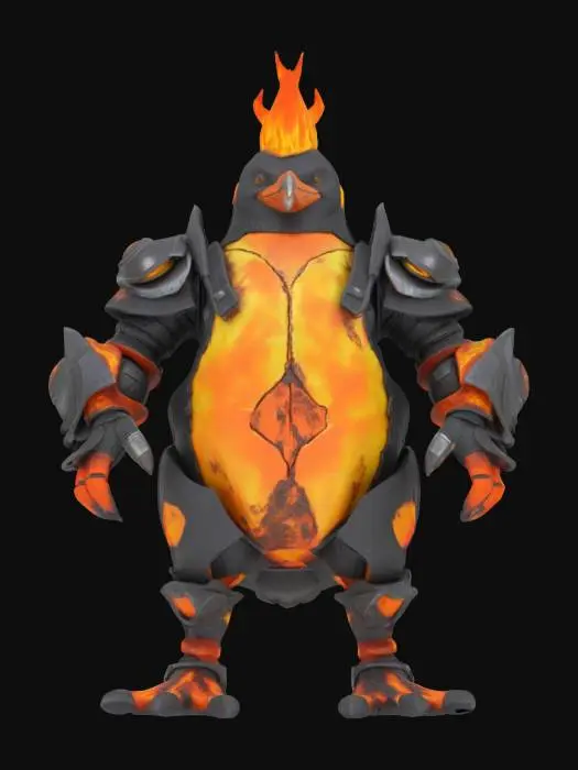 3D model for Object: Teenage Mutant Pyro Penguin – a fiery, flame-wielding penguin with volcanic armor.
Material: Volcanic rock armor with magma veins, flame-resistant fabric underlayer, molten metal gauntlets.
Shape/Form: Compact, broad-shouldered build with thick arms, stubby legs, and a helmet shaped like a volcanic peak.
Color Scheme: Charcoal black base, vibrant orange and yellow magma veins, dark gray armor plates.
Texture Details: Rough, cracked volcanic rock surfaces with glowing lava fissures, smooth molten metal gauntlets, singed fabric.
Style: Apocalyptic fire-themed warrior with a mix of cartoonish and menacing features.

Reference Models: Inspired by Mad Max, volcanic creatures, and cartoon villain archetypes.
