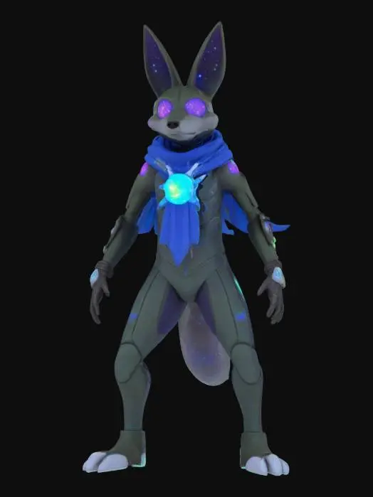 3D model for Object: Teenage Mutant Cosmic Coyote – a space-traveling trickster with gravity-bending abilities.
Material: Sleek, reflective armor with starry cosmic patterns, soft mesh underlayer for agility, glowing energy orbs embedded in gloves.
Shape/Form: Lithe, athletic build with elongated limbs and a crescent-shaped tail, floating cosmic scarf.
Color Scheme: Midnight blue and black base with silver star patterns, purple and teal glowing accents.
Texture Details: Smooth, metallic surfaces with subtle nebula patterns, shimmering mesh underlayer, translucent energy orbs.
Style: Celestial cyberpunk with a mystical, space-ninja vibe.

Reference Models: Inspired by Marvel’s Silver Surfer, Destiny 2's Hunters, and celestial-themed anime designs.