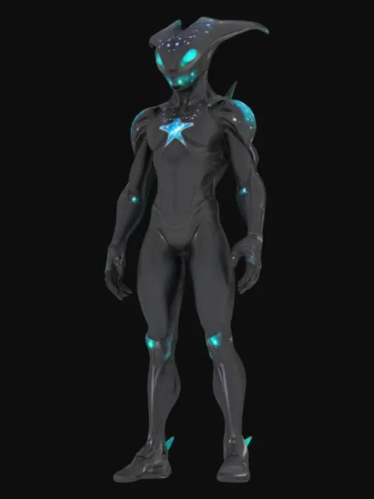 3D model for Object: A space-traveling newt with cosmic powers and gravity-defying boots.
Material: Reflective, star-patterned bodysuit with silver exoskeleton, glowing galaxy-patterned chest plate, magnetic boots.
Shape/Form: Slim, elongated build with webbed hands and feet, star-shaped markings along the body, helmet with nebula display.
Color Scheme: Midnight blue base with purple and white star patterns, silver accents, luminous teal eyes.
Texture Details: Smooth, shimmering bodysuit with cosmic swirls, matte metallic exoskeleton, glassy helmet visor.
Style: Cosmic traveler with a celestial, otherworldly feel.

Reference Models: Inspired by Silver Surfer, Guardians of the Galaxy, and celestial fantasy creatures.