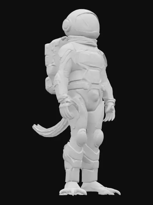 3D model for Object: A space-traveling newt with cosmic powers and gravity-defying boots.
Material: Reflective, star-patterned bodysuit with silver exoskeleton, glowing galaxy-patterned chest plate, magnetic boots.
Shape/Form: Slim, elongated build with webbed hands and feet, star-shaped markings along the body, helmet with nebula display.
Color Scheme: Midnight blue base with purple and white star patterns, silver accents, luminous teal eyes.
Texture Details: Smooth, shimmering bodysuit with cosmic swirls, matte metallic exoskeleton, glassy helmet visor.
Style: Cosmic traveler with a celestial, otherworldly feel.

Reference Models: Inspired by Silver Surfer, Guardians of the Galaxy, and celestial fantasy creatures.