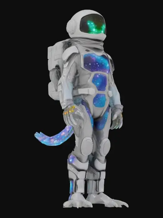3D model for Object: A space-traveling newt with cosmic powers and gravity-defying boots.
Material: Reflective, star-patterned bodysuit with silver exoskeleton, glowing galaxy-patterned chest plate, magnetic boots.
Shape/Form: Slim, elongated build with webbed hands and feet, star-shaped markings along the body, helmet with nebula display.
Color Scheme: Midnight blue base with purple and white star patterns, silver accents, luminous teal eyes.
Texture Details: Smooth, shimmering bodysuit with cosmic swirls, matte metallic exoskeleton, glassy helmet visor.
Style: Cosmic traveler with a celestial, otherworldly feel.

Reference Models: Inspired by Silver Surfer, Guardians of the Galaxy, and celestial fantasy creatures.