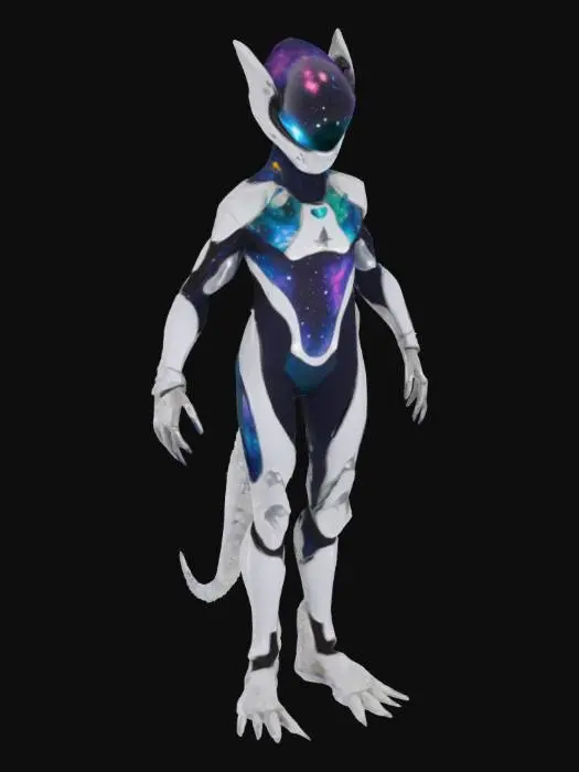 3D model for Object: A space-traveling newt with cosmic powers and gravity-defying boots.
Material: Reflective, star-patterned bodysuit with silver exoskeleton, glowing galaxy-patterned chest plate, magnetic boots.
Shape/Form: Slim, elongated build with webbed hands and feet, star-shaped markings along the body, helmet with nebula display.
Color Scheme: Midnight blue base with purple and white star patterns, silver accents, luminous teal eyes.
Texture Details: Smooth, shimmering bodysuit with cosmic swirls, matte metallic exoskeleton, glassy helmet visor.
Style: Cosmic traveler with a celestial, otherworldly feel.

Reference Models: Inspired by Silver Surfer, Guardians of the Galaxy, and celestial fantasy creatures.