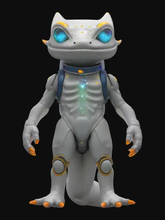 3D model for Object: A space-traveling newt with cosmic powers and gravity-defying boots.
Material: Reflective, star-patterned bodysuit with silver exoskeleton, glowing galaxy-patterned chest plate, magnetic boots.
Shape/Form: Slim, elongated build with webbed hands and feet, star-shaped markings along the body, helmet with nebula display.
Color Scheme: Midnight blue base with purple and white star patterns, silver accents, luminous teal eyes.
Texture Details: Smooth, shimmering bodysuit with cosmic swirls, matte metallic exoskeleton, glassy helmet visor.
Style: Cosmic traveler with a celestial, otherworldly feel.

Reference Models: Inspired by Silver Surfer, Guardians of the Galaxy, and celestial fantasy creatures.