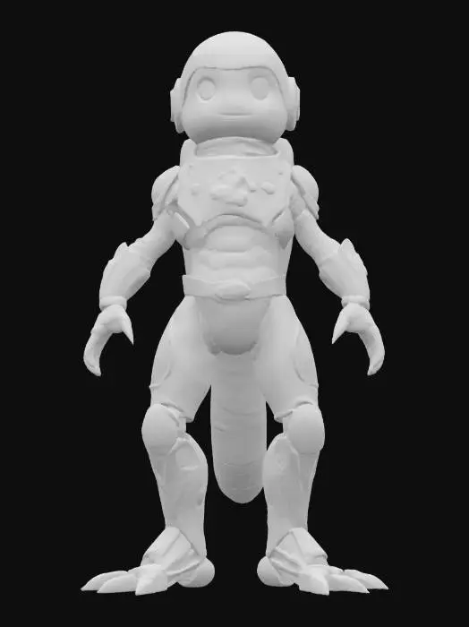 3D model for Object: A space-traveling newt with cosmic powers and gravity-defying boots.
Material: Reflective, star-patterned bodysuit with silver exoskeleton, glowing galaxy-patterned chest plate, magnetic boots.
Shape/Form: Slim, elongated build with webbed hands and feet, star-shaped markings along the body, helmet with nebula display.
Color Scheme: Midnight blue base with purple and white star patterns, silver accents, luminous teal eyes.
Texture Details: Smooth, shimmering bodysuit with cosmic swirls, matte metallic exoskeleton, glassy helmet visor.
Style: Cosmic traveler with a celestial, otherworldly feel.

Reference Models: Inspired by Silver Surfer, Guardians of the Galaxy, and celestial fantasy creatures.
