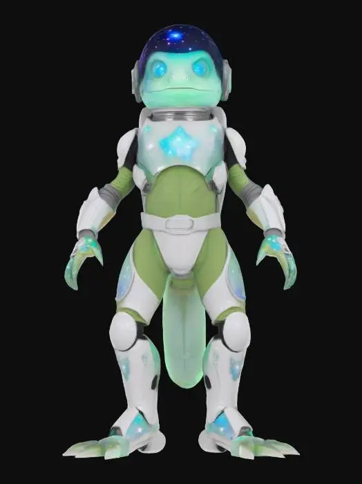3D model for Object: A space-traveling newt with cosmic powers and gravity-defying boots.
Material: Reflective, star-patterned bodysuit with silver exoskeleton, glowing galaxy-patterned chest plate, magnetic boots.
Shape/Form: Slim, elongated build with webbed hands and feet, star-shaped markings along the body, helmet with nebula display.
Color Scheme: Midnight blue base with purple and white star patterns, silver accents, luminous teal eyes.
Texture Details: Smooth, shimmering bodysuit with cosmic swirls, matte metallic exoskeleton, glassy helmet visor.
Style: Cosmic traveler with a celestial, otherworldly feel.

Reference Models: Inspired by Silver Surfer, Guardians of the Galaxy, and celestial fantasy creatures.