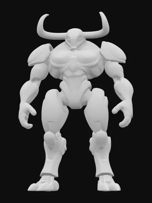 3D model for Object: Red Bull Mascot
Material: Sleek metallic alloy with a reflective chrome finish and LED accents
Shape/Form: Humanoid robotic bull with muscular, aerodynamic features, large curved horns, and a powerful, imposing stance
Color Scheme: Dominant chrome silver with glowing neon blue and red accents, incorporating dynamic lighting effects
Texture Details: Smooth, high-tech surfaces with subtle etched patterns that illuminate with shifting light pulses
Style: Sci-fi, cyberpunk, with a blend of PBR and realistic robotic aesthetics
Environment/Use Context (optional): Displayed in a futuristic sports arena or promotional backdrop
Reference Models (optional): Inspired by robotic characters from contemporary sci-fi films and Red Bull branding elements