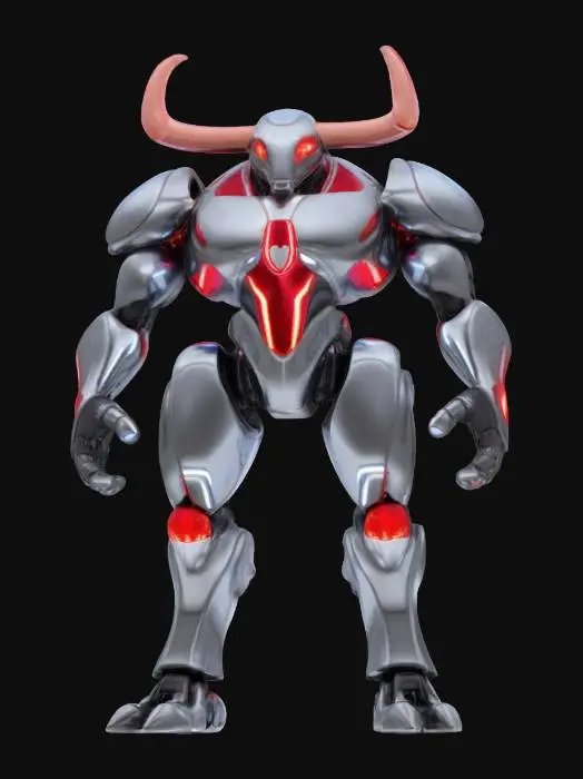 3D model for Object: Red Bull Mascot
Material: Sleek metallic alloy with a reflective chrome finish and LED accents
Shape/Form: Humanoid robotic bull with muscular, aerodynamic features, large curved horns, and a powerful, imposing stance
Color Scheme: Dominant chrome silver with glowing neon blue and red accents, incorporating dynamic lighting effects
Texture Details: Smooth, high-tech surfaces with subtle etched patterns that illuminate with shifting light pulses
Style: Sci-fi, cyberpunk, with a blend of PBR and realistic robotic aesthetics
Environment/Use Context (optional): Displayed in a futuristic sports arena or promotional backdrop
Reference Models (optional): Inspired by robotic characters from contemporary sci-fi films and Red Bull branding elements