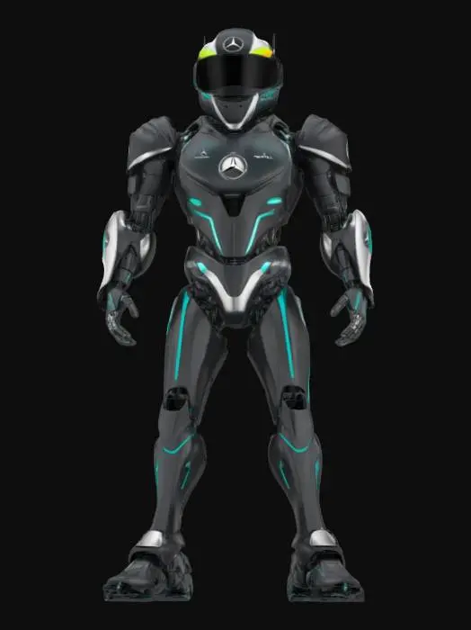 3D model for Object: Mercedes-AMG Petronas F1 Team Mascot
Material: Ultra-light graphene composite with a glossy black and silver finish, incorporating LED accents
Shape/Form: Humanoid robotic figure with aerodynamic armor plating, sleek contours, and a dominant, imposing stance, inspired by a silver arrow motif
Color Scheme: Glossy black base with metallic silver and neon turquoise accents, featuring LED-lit circuit patterns and the Mercedes star emblem prominently displayed on the chest
Texture Details: Smooth, high-tech carbon fiber textures with subtle hexagonal grid patterns and animated light sequences that pulse in sync with the mascot’s movements
Reference Models (optional): Inspired by Mercedes-AMG Petronas F1 branding and sci-fi robotic aesthetics seen in cinematic franchises