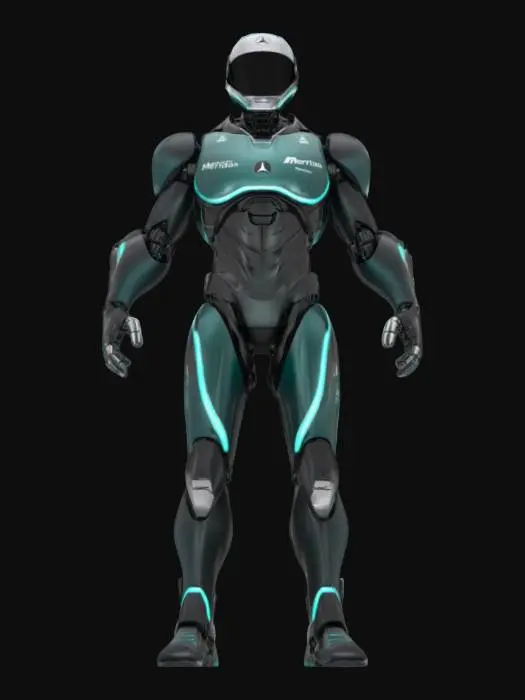 3D model for Object: Mercedes-AMG Petronas F1 Team Mascot
Material: Ultra-light graphene composite with a glossy black and silver finish, incorporating LED accents
Shape/Form: Humanoid robotic figure with aerodynamic armor plating, sleek contours, and a dominant, imposing stance, inspired by a silver arrow motif
Color Scheme: Glossy black base with metallic silver and neon turquoise accents, featuring LED-lit circuit patterns and the Mercedes star emblem prominently displayed on the chest
Texture Details: Smooth, high-tech carbon fiber textures with subtle hexagonal grid patterns and animated light sequences that pulse in sync with the mascot’s movements
Reference Models (optional): Inspired by Mercedes-AMG Petronas F1 branding and sci-fi robotic aesthetics seen in cinematic franchises