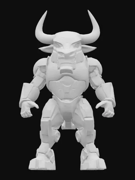 3D model for Object: Red Bull Mascot
Material: Sleek metallic alloy with a reflective chrome finish and LED accents
Shape/Form: Humanoid robotic bull with muscular, aerodynamic features, large curved horns, and a powerful, imposing stance
Color Scheme: Dominant chrome silver with glowing neon blue and red accents, incorporating dynamic lighting effects
Texture Details: Smooth, high-tech surfaces with subtle etched patterns that illuminate with shifting light pulses
Style: Sci-fi, cyberpunk, with a blend of PBR and realistic robotic aesthetics
Environment/Use Context (optional): Displayed in a futuristic sports arena or promotional backdrop
Reference Models (optional): Inspired by robotic characters from contemporary sci-fi films and Red Bull branding elements