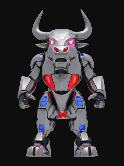 3D model for Object: Red Bull Mascot
Material: Sleek metallic alloy with a reflective chrome finish and LED accents
Shape/Form: Humanoid robotic bull with muscular, aerodynamic features, large curved horns, and a powerful, imposing stance
Color Scheme: Dominant chrome silver with glowing neon blue and red accents, incorporating dynamic lighting effects
Texture Details: Smooth, high-tech surfaces with subtle etched patterns that illuminate with shifting light pulses
Style: Sci-fi, cyberpunk, with a blend of PBR and realistic robotic aesthetics
Environment/Use Context (optional): Displayed in a futuristic sports arena or promotional backdrop
Reference Models (optional): Inspired by robotic characters from contemporary sci-fi films and Red Bull branding elements