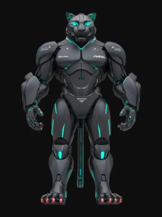 3D model for Object: Mercedes-AMG Petronas F1 Team Panther Mascot
Material: Ultra-light graphene composite with a glossy black and silver finish, incorporating LED accents
Shape/Form: Panther-inspired robotic form with sleek, aerodynamic limbs, muscular build, and sharp, angular contours
Color Scheme: Glossy black base with metallic silver and neon turquoise accents, featuring LED-lit circuit patterns and the Mercedes star emblem prominently displayed on the chest
Texture Details: Smooth carbon fiber textures.
Style: High-tech, futuristic F1 aesthetic with elements of cyberpunk and race car design, utilizing a PBR workflow for realistic reflections and lighting

Reference Models: Inspired by Mercedes-AMG Petronas F1 branding, panther anatomy, and futuristic robotic creatures from sci-fi franchises