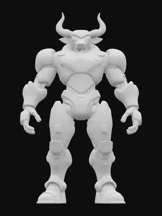 3D model for Object: Red Bull Mascot
Material: Sleek metallic alloy with a reflective chrome finish and LED accents
Shape/Form: Humanoid robotic bull with muscular, aerodynamic features, large curved horns, and a powerful, imposing stance
Color Scheme: Dominant chrome silver with glowing neon blue and red accents, incorporating dynamic lighting effects
Texture Details: Smooth, high-tech surfaces with subtle etched patterns that illuminate with shifting light pulses
Style: Sci-fi, cyberpunk, with a blend of PBR and realistic robotic aesthetics
Environment/Use Context (optional): Displayed in a futuristic sports arena or promotional backdrop
Reference Models (optional): Inspired by robotic characters from contemporary sci-fi films and Red Bull branding elements