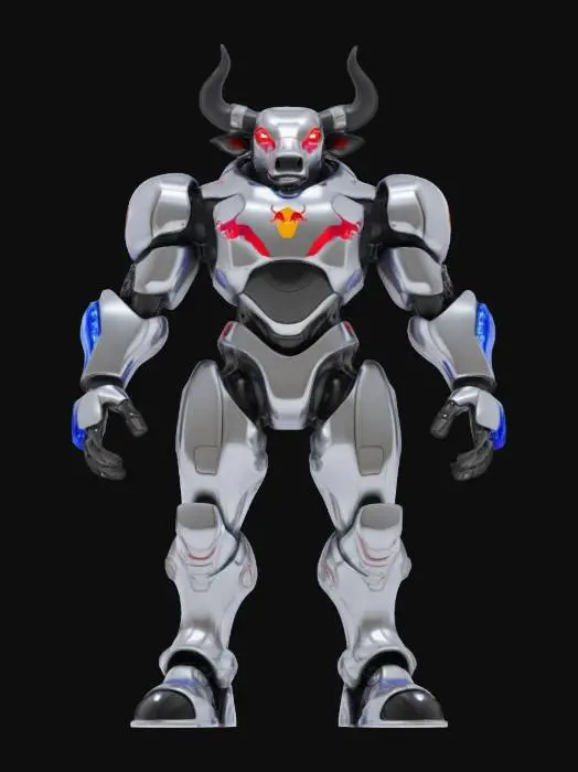 3D model for Object: Red Bull Mascot
Material: Sleek metallic alloy with a reflective chrome finish and LED accents
Shape/Form: Humanoid robotic bull with muscular, aerodynamic features, large curved horns, and a powerful, imposing stance
Color Scheme: Dominant chrome silver with glowing neon blue and red accents, incorporating dynamic lighting effects
Texture Details: Smooth, high-tech surfaces with subtle etched patterns that illuminate with shifting light pulses
Style: Sci-fi, cyberpunk, with a blend of PBR and realistic robotic aesthetics
Environment/Use Context (optional): Displayed in a futuristic sports arena or promotional backdrop
Reference Models (optional): Inspired by robotic characters from contemporary sci-fi films and Red Bull branding elements