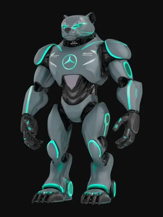 3D model for Object: Mercedes-AMG Petronas F1 Team Panther Mascot
Material: Ultra-light graphene composite with a glossy black and silver finish, incorporating LED accents
Shape/Form: Panther-inspired robotic form with sleek, aerodynamic limbs, muscular build, and sharp, angular contours
Color Scheme: Glossy black base with metallic silver and neon turquoise accents, featuring LED-lit circuit patterns and the Mercedes star emblem prominently displayed on the chest
Texture Details: Smooth carbon fiber textures.
Style: High-tech, futuristic F1 aesthetic with elements of cyberpunk and race car design, utilizing a PBR workflow for realistic reflections and lighting
Reference Models: Inspired by Mercedes-AMG Petronas F1 branding, panther anatomy, and futuristic robotic creatures from sci-fi franchises