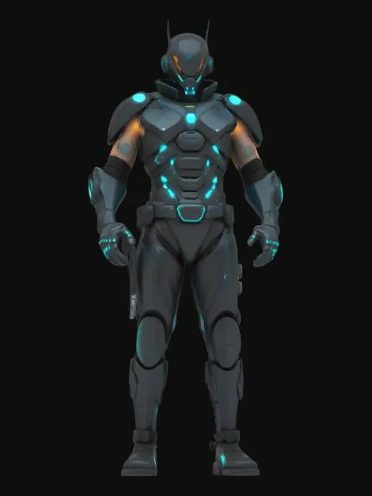 3D model for Object: Cyberpunk character with futuristic armor and tech enhancements.

Material: Reflective metal, synthetic leather, and glowing LED accents.

Shape/Form: Lean, athletic build with angular, mechanical prosthetics and tech implants.

Color Scheme: Black, neon blue, and metallic silver with glowing cyan accents.

Texture Details: Smooth, high-gloss metal surfaces contrasted with matte leather sections; intricate cybernetic circuits and LED strips.

Style: Realistic with PBR textures, focusing on high-fidelity, sharp edges, and rich surface details.

Environment/Use Context (Optional): Neon-lit urban rooftop with foggy background to emphasize cyberpunk aesthetic.
Reference Models (Optional): Combine elements from "Deus Ex" and "Cyberpunk 2077" for armor design and cybernetic enhancements.