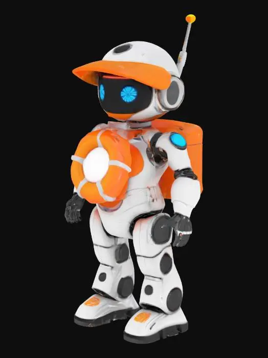 3D model for Cyber Beach Lifeguard Bot: A robotic lifeguard with a sun visor, neon lifebuoy, and retractable hover jets. Its eyes are LED screens displaying emoji alerts.

Style: PBR, Cartoon

Material: Polished chrome, soft silicone, neon tubing

Color Scheme: Electric orange, silver, neon blue

Texture Details: Smooth metallic surfaces, matte silicone grip areas, holographic LED display

Environment: Patrolling a neon-lit beach with floating AR warning signs