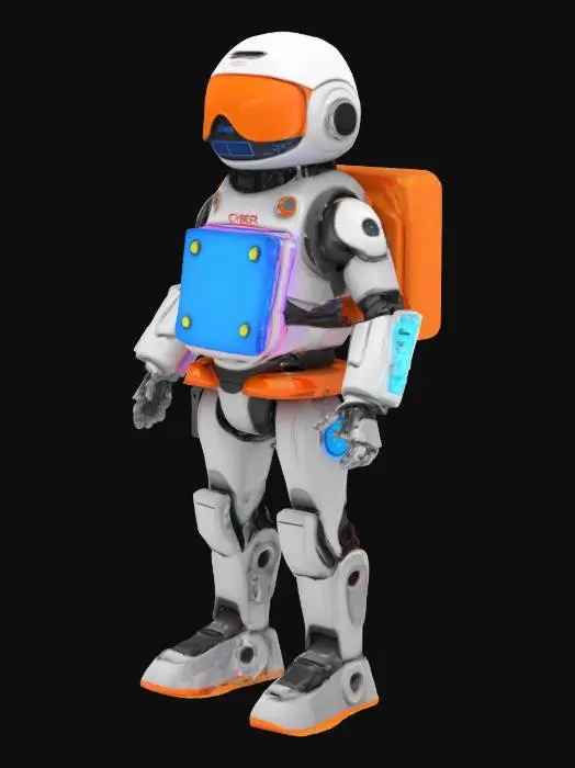 3D model for Cyber Beach Lifeguard Bot: A robotic lifeguard with a sun visor, neon lifebuoy, and retractable hover jets. Its eyes are LED screens displaying emoji alerts.

Style: PBR, Cartoon

Material: Polished chrome, soft silicone, neon tubing

Color Scheme: Electric orange, silver, neon blue

Texture Details: Smooth metallic surfaces, matte silicone grip areas, holographic LED display

Environment: Patrolling a neon-lit beach with floating AR warning signs