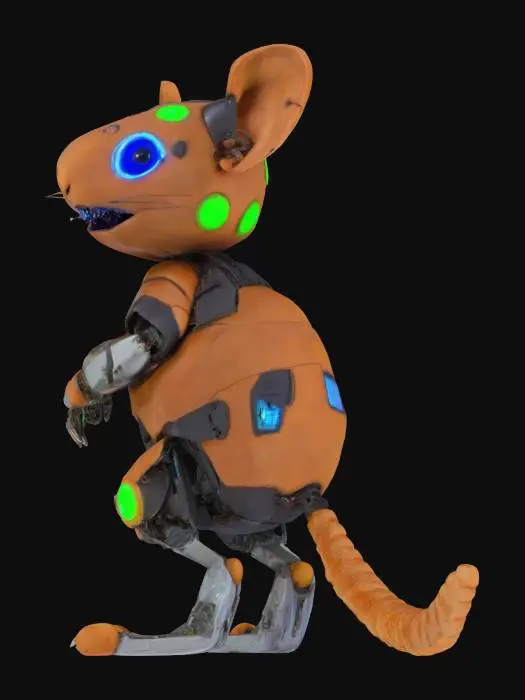 3D model for "object": "Byte Rat",
  "material": "Scrap metal plating, synthetic fur, and LED display teeth",
  "shape_form": "Small, chunky rat with oversized ears, robotic limbs, and a tail that functions as a data cable",
  "color_scheme": "Rusty copper with neon green accents and flashing blue LED eyes",
  "texture_details": "Rough, dented metal with exposed wiring; synthetic fur patches that are unevenly attached; LED teeth that light up when it talks, displaying pixelated text",
  "style": "4K anime with exaggerated, slightly chibi proportions and gritty cyberpunk detailing",
  "reference_models": [
    "Cyberpunk 2077's Flathead",
    "Ratchet & Clank's Clank (Comic Version)",
    "Teenage Mutant Ninja Turtles' Splinter (Robot Version)"
  ]
}
