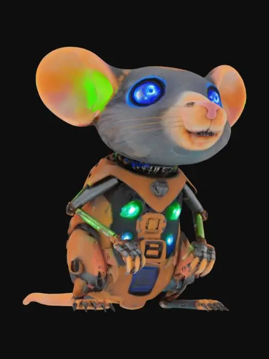 3D model for "object": "Byte Rat",
  "material": "Scrap metal plating, synthetic fur, and LED display teeth",
  "shape_form": "Small, chunky rat with oversized ears, robotic limbs, and a tail that functions as a data cable",
  "color_scheme": "Rusty copper with neon green accents and flashing blue LED eyes",
  "texture_details": "Rough, dented metal with exposed wiring; synthetic fur patches that are unevenly attached; LED teeth that light up when it talks, displaying pixelated text",
  "style": "4K anime with exaggerated, slightly chibi proportions and gritty cyberpunk detailing",
  "reference_models": [
    "Cyberpunk 2077's Flathead",
    "Ratchet & Clank's Clank (Comic Version)",
    "Teenage Mutant Ninja Turtles' Splinter (Robot Version)"
  ]
}
