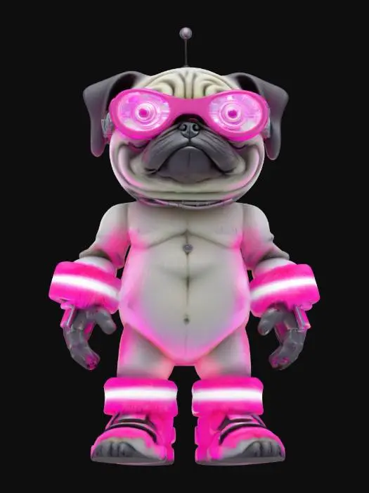3D model for "object": "Glitch Pug", "material": "Soft synthetic fur, metallic cybernetic limbs, and LED display goggles",
  "shape form": "Small, chubby pug with oversized cybernetic limbs and a retractable antenna on its back, constantly glitching and sparking",
  "color scheme": "Matte gray fur with neon pink cyber-limbs and green LED eyes that change expressions",
  "texture_details": "Fluffy, slightly scruffy fur with dirt patches; polished metal limbs with small dents and scratches; LED eyes that flash comically with pixelated emojis",
  "style": "4K anime with a cartoony, exaggerated cyberpunk design",

  "reference models": [
    "Cyberpunk 2077's Delmain (Glitch Version)",
    "Borderlands' Claptrap",
    "Star Wars' BB-8"
  ]
}
