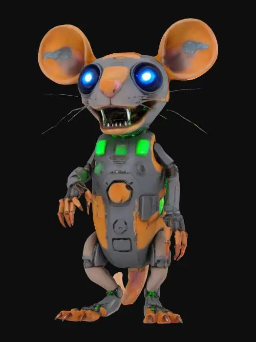 3D model for "object": "Byte Rat",
  "material": "Scrap metal plating, synthetic fur, and LED display teeth",
  "shape_form": "Small, chunky rat with oversized ears, robotic limbs, and a tail that functions as a data cable",
  "color_scheme": "Rusty copper with neon green accents and flashing blue LED eyes",
  "texture_details": "Rough, dented metal with exposed wiring; synthetic fur patches that are unevenly attached; LED teeth that light up when it talks, displaying pixelated text",
  "style": "4K anime with exaggerated, slightly chibi proportions and gritty cyberpunk detailing",
  "reference_models": [
    "Cyberpunk 2077's Flathead",
    "Ratchet & Clank's Clank (Comic Version)",
    "Teenage Mutant Ninja Turtles' Splinter (Robot Version)"
  ]
}
