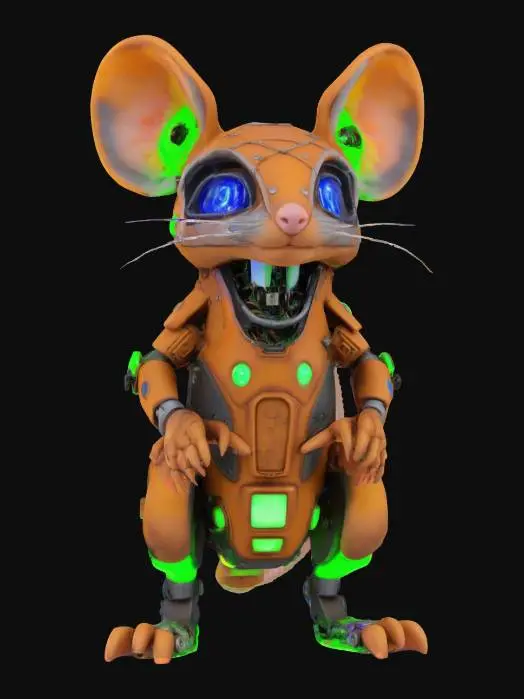 3D model for "object": "Byte Rat",
  "material": "Scrap metal plating, synthetic fur, and LED display teeth",
  "shape_form": "Small, chunky rat with oversized ears, robotic limbs, and a tail that functions as a data cable",
  "color_scheme": "Rusty copper with neon green accents and flashing blue LED eyes",
  "texture_details": "Rough, dented metal with exposed wiring; synthetic fur patches that are unevenly attached; LED teeth that light up when it talks, displaying pixelated text",
  "style": "4K anime with exaggerated, slightly chibi proportions and gritty cyberpunk detailing",
  "reference_models": [
    "Cyberpunk 2077's Flathead",
    "Ratchet & Clank's Clank (Comic Version)",
    "Teenage Mutant Ninja Turtles' Splinter (Robot Version)"
  ]
}
