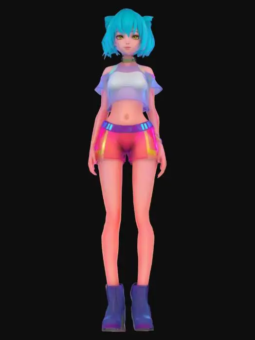 3D model for “girl” Material: skin Shape/Form: Slim, dynamic exposed skin with angular shoulder Color Scheme: Neon magenta base with cyan gradients, white luminous trims, yellow energy runes; spark-style anime highlights Texture Details: Shimmering soft plastic with glowing ink lines, smooth fabric surfaces with motion blur gloss, stylized specular reflections Style: Anime (2.5D cel-anime shading with cyber-magical vibe) Reference Models: Inspired by Hatsune Miku x D.Va x Kill la Kill’s
