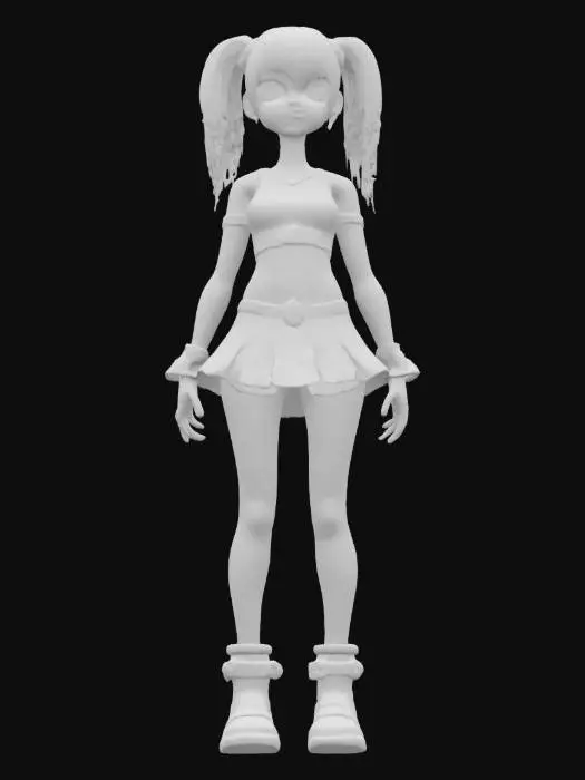 3D model for “girl” Material: skin Shape/Form: Slim, dynamic exposed skin with angular shoulder Color Scheme: Neon magenta base with cyan gradients, white luminous trims, yellow energy runes; spark-style anime highlights Texture Details: Shimmering soft plastic with glowing ink lines, smooth fabric surfaces with motion blur gloss, stylized specular reflections Style: Anime (2.5D cel-anime shading with cyber-magical vibe) Reference Models: Inspired by Hatsune Miku x D.Va x Kill la Kill’s