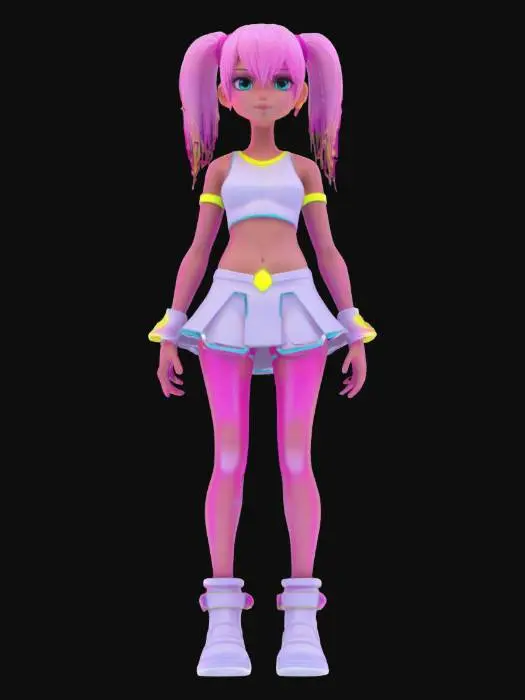 3D model for “girl” Material: skin Shape/Form: Slim, dynamic exposed skin with angular shoulder Color Scheme: Neon magenta base with cyan gradients, white luminous trims, yellow energy runes; spark-style anime highlights Texture Details: Shimmering soft plastic with glowing ink lines, smooth fabric surfaces with motion blur gloss, stylized specular reflections Style: Anime (2.5D cel-anime shading with cyber-magical vibe) Reference Models: Inspired by Hatsune Miku x D.Va x Kill la Kill’s