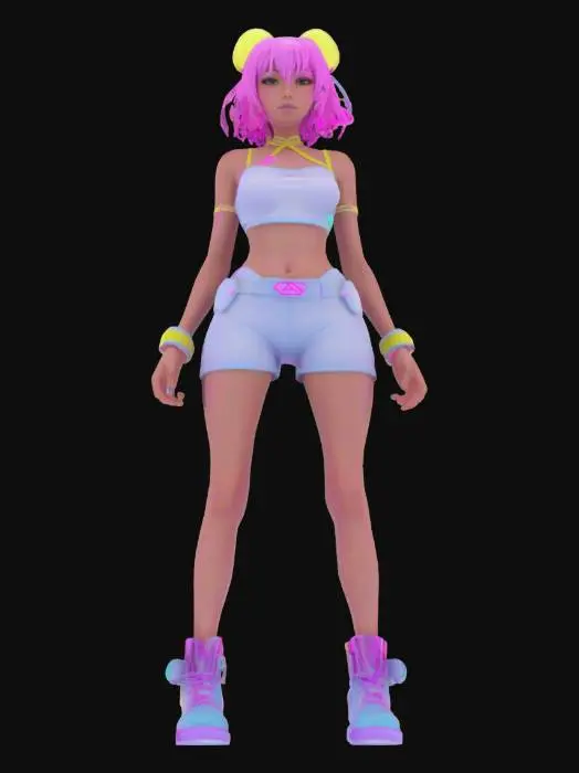 3D model for “girl” Material: skin Shape/Form: Slim, dynamic exposed skin with angular shoulder Color Scheme: Neon magenta base with cyan gradients, white luminous trims, yellow energy runes; spark-style anime highlights Texture Details: Shimmering soft plastic with glowing ink lines, smooth fabric surfaces with motion blur gloss, stylized specular reflections Style: Anime (2.5D cel-anime shading with cyber-magical vibe) Reference Models: Inspired by Hatsune Miku x D.Va x Kill la Kill’s