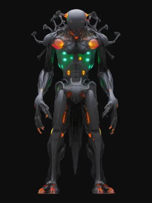 3D model for {
"Object": "Colossal digital virus-entity with humanoid and fractal traits",
"Material": "Matte black steel, neon alloy, obsidian glass, fiber-optic cables",
"Shape/Form": "60-meter tall glitching humanoid form with fractal limbs, wing-struts, floating core orb, asymmetrical arms and digit talons",
"Color Scheme": "Neon green, magenta, electric teal, violet, glowing red accents",
"Texture Details": "Cracked surfaces, glowing circuit fissures, semi-transparent orb shell, flickering LED panels, etched hexadecimal code",
"Style": "Stylized-mechanical with PBR-like realism, high-fidelity detail",