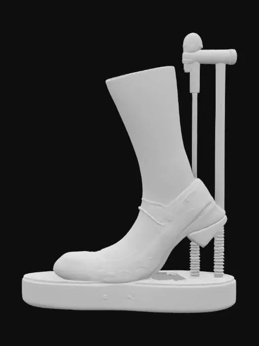 3D model for     - object: PBR Lazy Laser Sock Puller
      material: Carbon fiber rod, spring-loaded shoe grip, safe-class laser hook
      shape_form: Foot-mounted laser hook that pulls socks remotely from drawer
      color_scheme: Matte black with neon red laser accents
      texture_details: Rubber friction pads, burn mark details, loading indicator light
      style: PBR
      environment_use_context: Morning routine humor, accessibility or comedy puzzle game
      reference_models: [Rick and Morty footwear tech, Borderlands humor gear]