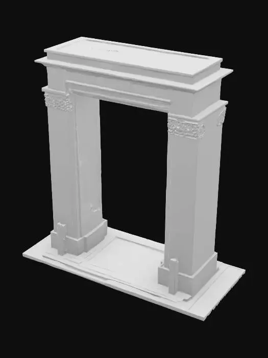 3D model for Subject: A commemorative memorial arch, honoring the One Year War casualties; Style: Monumental neoclassic-industrial fusion with Gundam-era motifs; Material: Polished white duralumin and reflective black obsidian inlays; Details: 40 m tall triple-span arch with central keystone carved in relief of RX-78 silhouette, flanked by bronze bas-relief panels depicting iconic battle scenes, engraved names of fallen soldiers in stylized Earth Federation font, integrated triumphal LED uplighting, laser-etched geoflux energy circuits, warm underlighting, carved solar motifs, basalt mosaic foundation, and ornamental pilasters with optic-fiber filament; Purpose: Monumental memorial landmark for diorama and game environments, evoking solemn reverence., #arch#