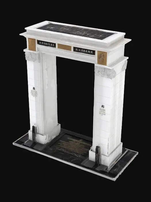 3D model for Subject: A commemorative memorial arch, honoring the One Year War casualties; Style: Monumental neoclassic-industrial fusion with Gundam-era motifs; Material: Polished white duralumin and reflective black obsidian inlays; Details: 40 m tall triple-span arch with central keystone carved in relief of RX-78 silhouette, flanked by bronze bas-relief panels depicting iconic battle scenes, engraved names of fallen soldiers in stylized Earth Federation font, integrated triumphal LED uplighting, laser-etched geoflux energy circuits, warm underlighting, carved solar motifs, basalt mosaic foundation, and ornamental pilasters with optic-fiber filament; Purpose: Monumental memorial landmark for diorama and game environments, evoking solemn reverence., #arch#
